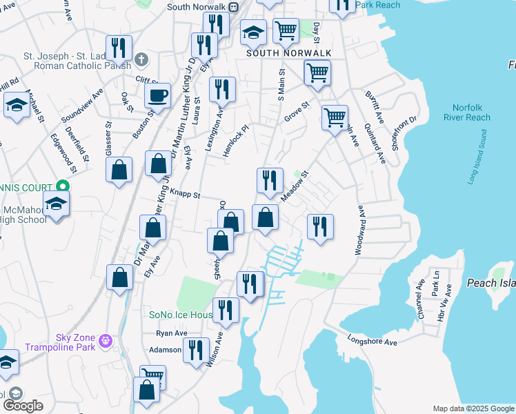 map of restaurants, bars, coffee shops, grocery stores, and more near 208 South Main Street in Norwalk
