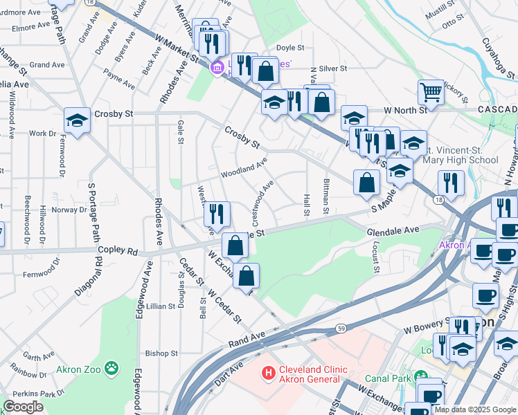 map of restaurants, bars, coffee shops, grocery stores, and more near 428 Crestwood Avenue in Akron