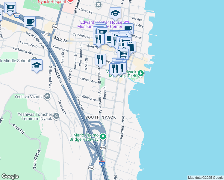 map of restaurants, bars, coffee shops, grocery stores, and more near 1 Division Avenue in Nyack