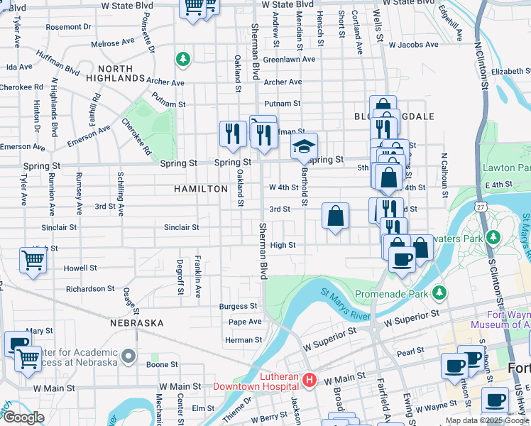 map of restaurants, bars, coffee shops, grocery stores, and more near 901 3rd Street in Fort Wayne