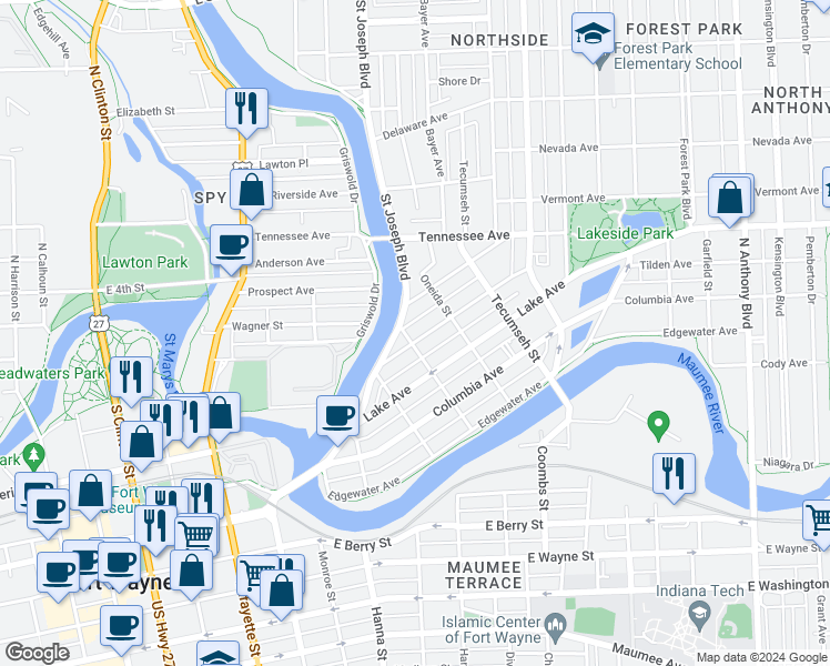 map of restaurants, bars, coffee shops, grocery stores, and more near 1001 Rivermet Avenue in Fort Wayne