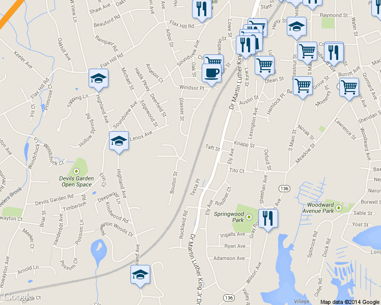map of restaurants, bars, coffee shops, grocery stores, and more near 110 Bouton St in Norwalk