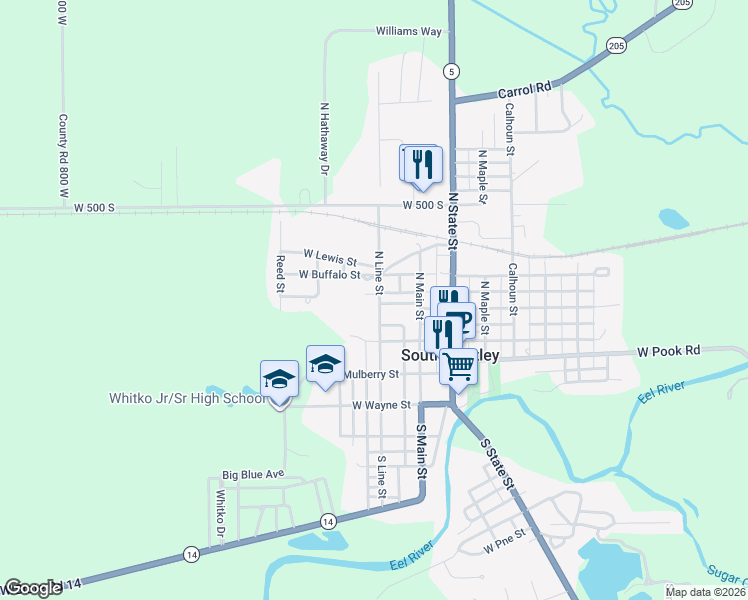 map of restaurants, bars, coffee shops, grocery stores, and more near 201 North Line Street in South Whitley