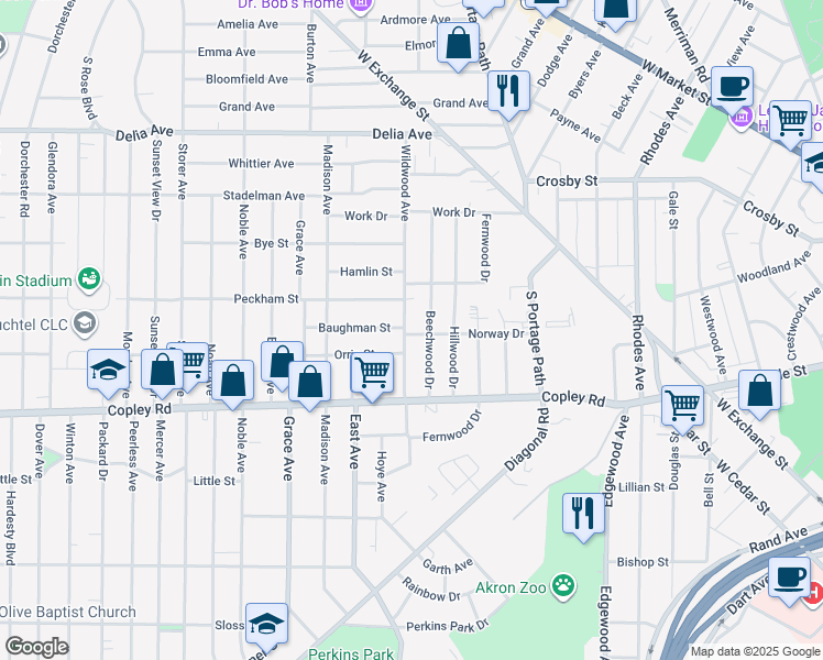 map of restaurants, bars, coffee shops, grocery stores, and more near 421 Wildwood Ave in Akron