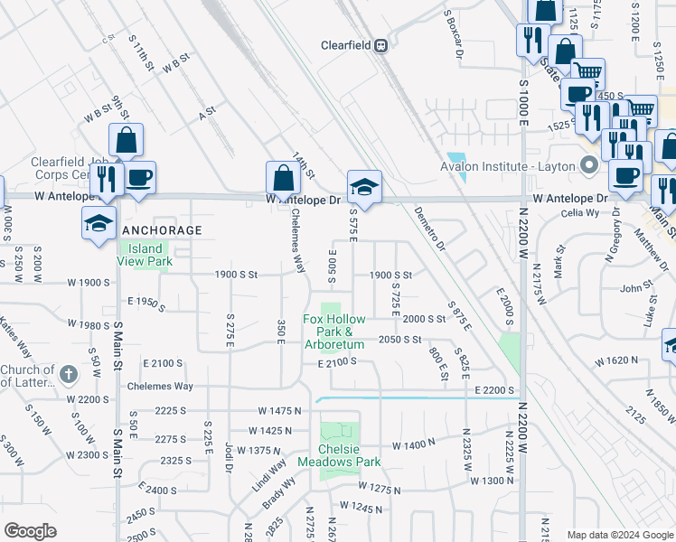 map of restaurants, bars, coffee shops, grocery stores, and more near 1885 South 500 East in Clearfield