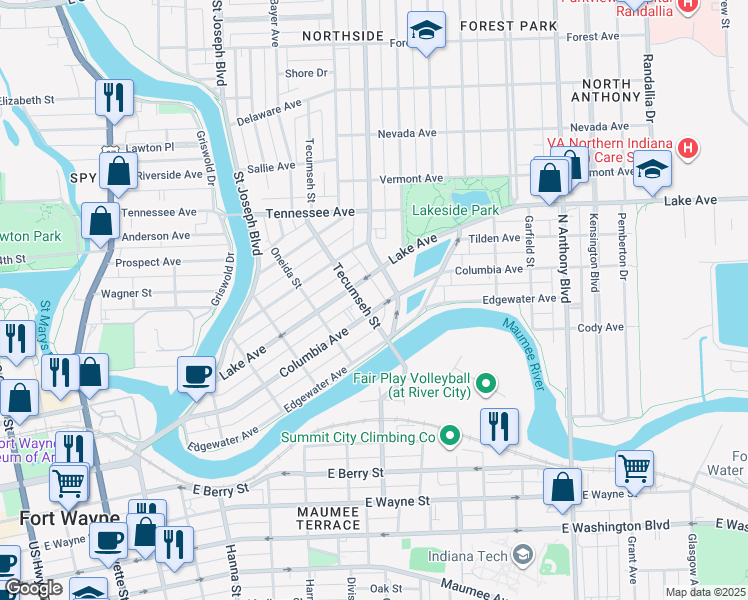 map of restaurants, bars, coffee shops, grocery stores, and more near 1014 Tecumseh Street in Fort Wayne