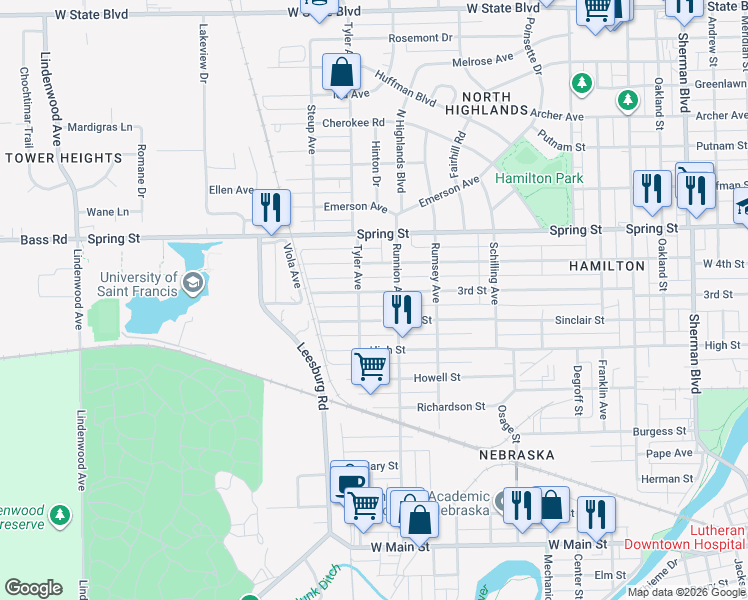 map of restaurants, bars, coffee shops, grocery stores, and more near 1825 3rd Street in Fort Wayne