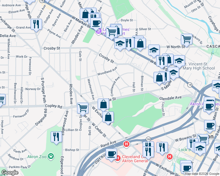 map of restaurants, bars, coffee shops, grocery stores, and more near 428 Crestwood Avenue in Akron