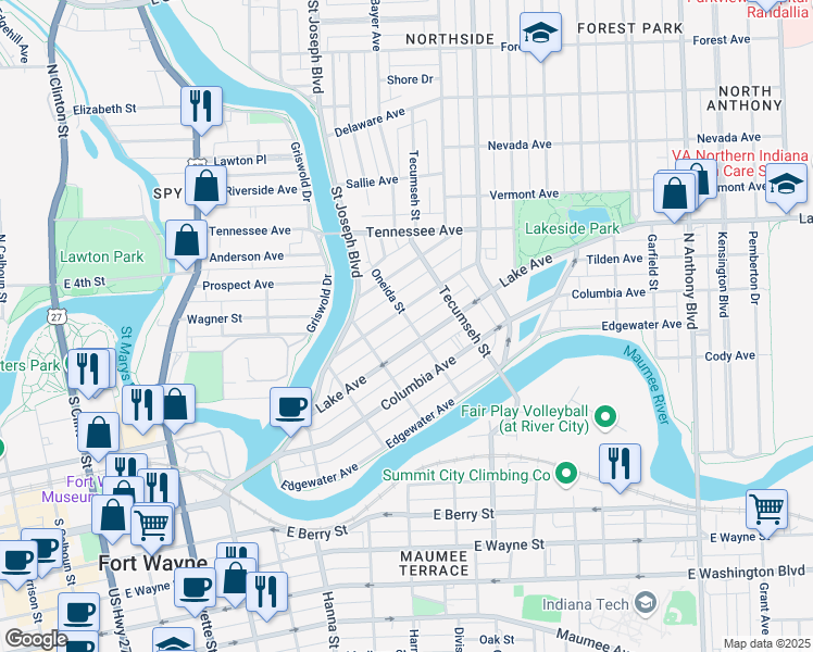 map of restaurants, bars, coffee shops, grocery stores, and more near 1125 Oneida Street in Fort Wayne