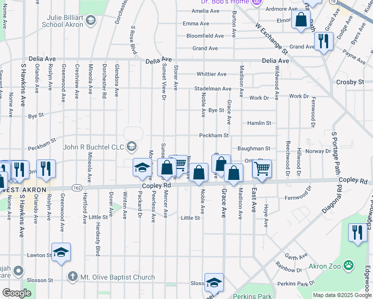 map of restaurants, bars, coffee shops, grocery stores, and more near 404 Noah Avenue in Akron