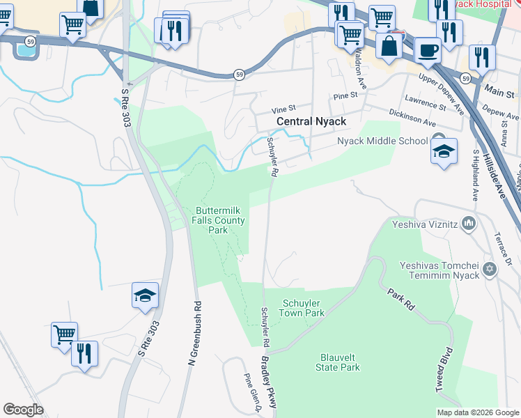 map of restaurants, bars, coffee shops, grocery stores, and more near 35 Schuyler Road in Nyack