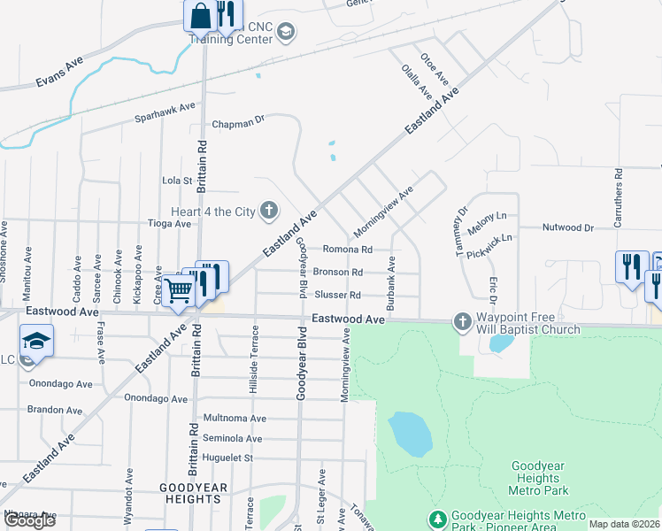 map of restaurants, bars, coffee shops, grocery stores, and more near 1573 Bronson Rd in Akron