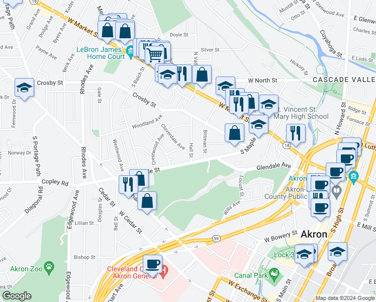 map of restaurants, bars, coffee shops, grocery stores, and more near 136 Hall Street in Akron