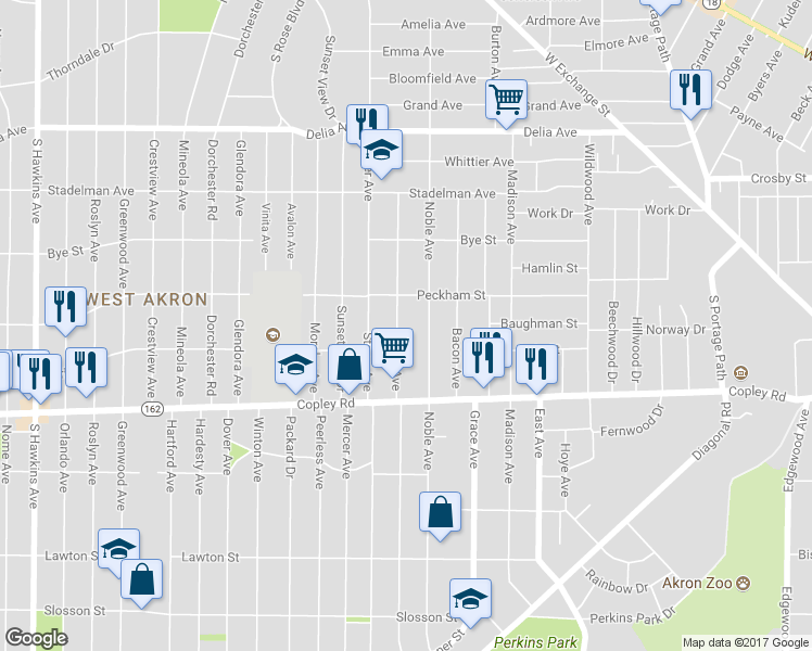 map of restaurants, bars, coffee shops, grocery stores, and more near 403 Noah Ave in Akron