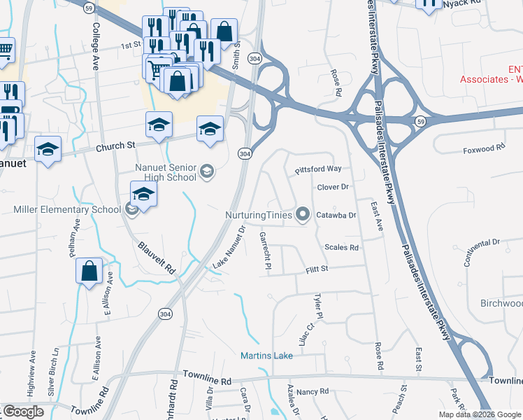 map of restaurants, bars, coffee shops, grocery stores, and more near 14 Cupsaw Court in Nanuet