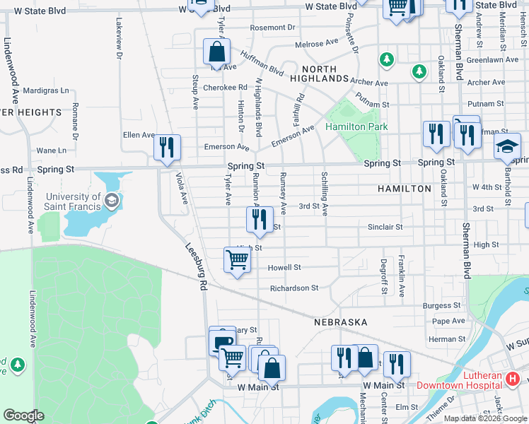 map of restaurants, bars, coffee shops, grocery stores, and more near 1727 3rd Street in Fort Wayne