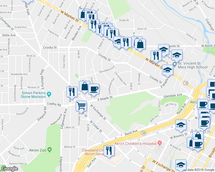map of restaurants, bars, coffee shops, grocery stores, and more near 281 Grove Street in Akron