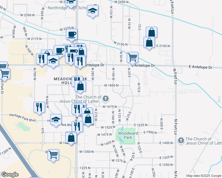 map of restaurants, bars, coffee shops, grocery stores, and more near 1823 North Belvedere Way in Layton