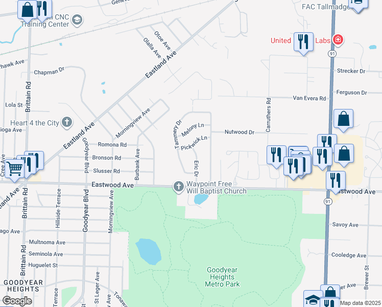 map of restaurants, bars, coffee shops, grocery stores, and more near 530 Eric Dr in Tallmadge