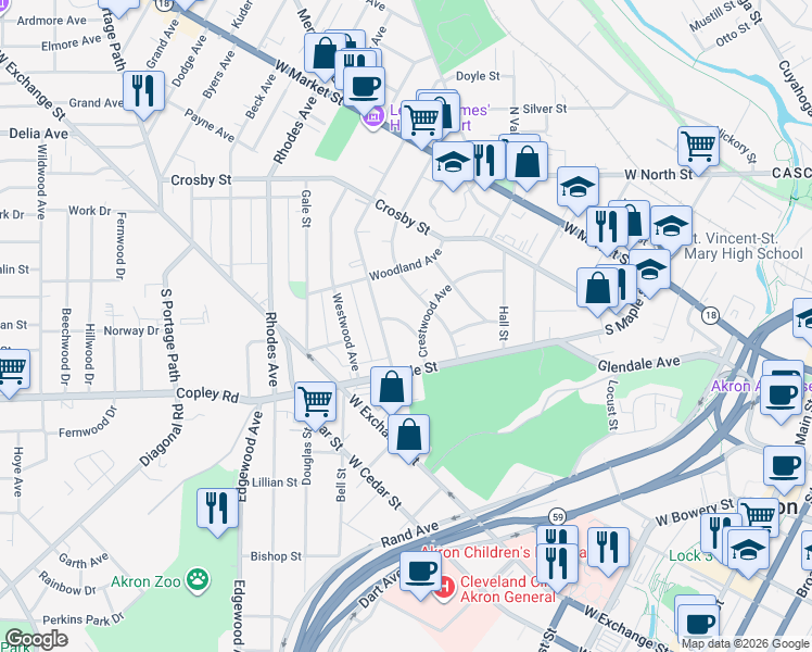 map of restaurants, bars, coffee shops, grocery stores, and more near 428 Crestwood Avenue in Akron