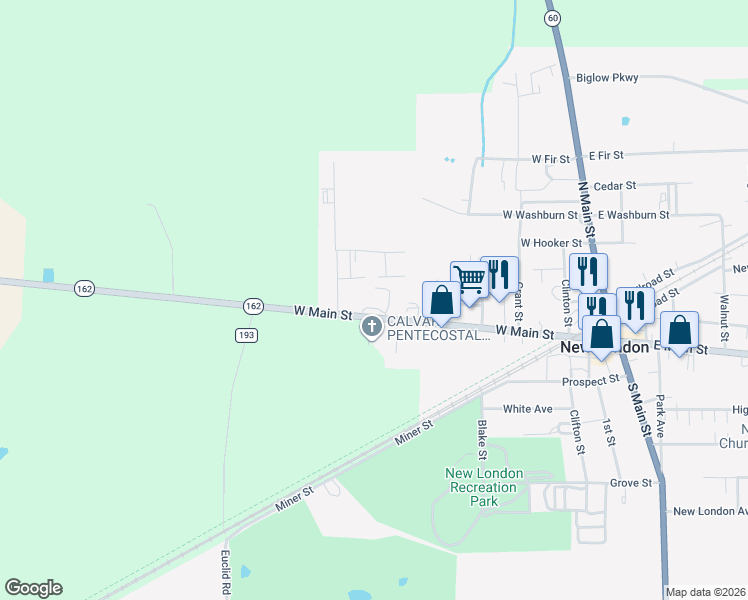map of restaurants, bars, coffee shops, grocery stores, and more near 204 West Main Street in New London