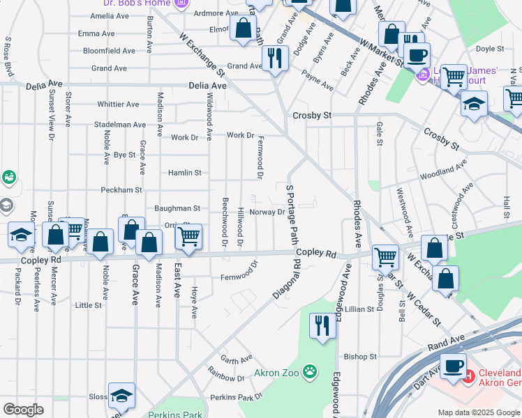 map of restaurants, bars, coffee shops, grocery stores, and more near 3 Fernwood Drive in Akron