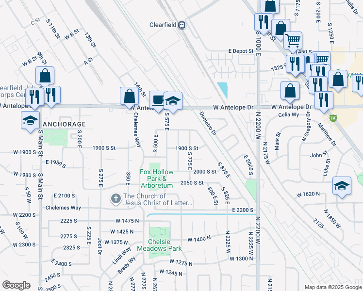 map of restaurants, bars, coffee shops, grocery stores, and more near 1881 South 650 East in Clearfield