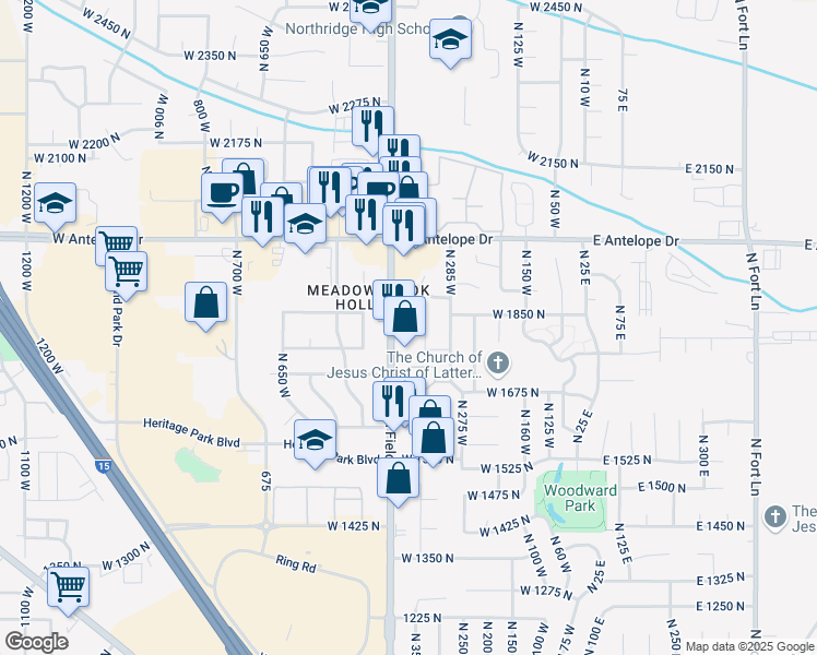 map of restaurants, bars, coffee shops, grocery stores, and more near 1848 North Hill Field Road in Layton