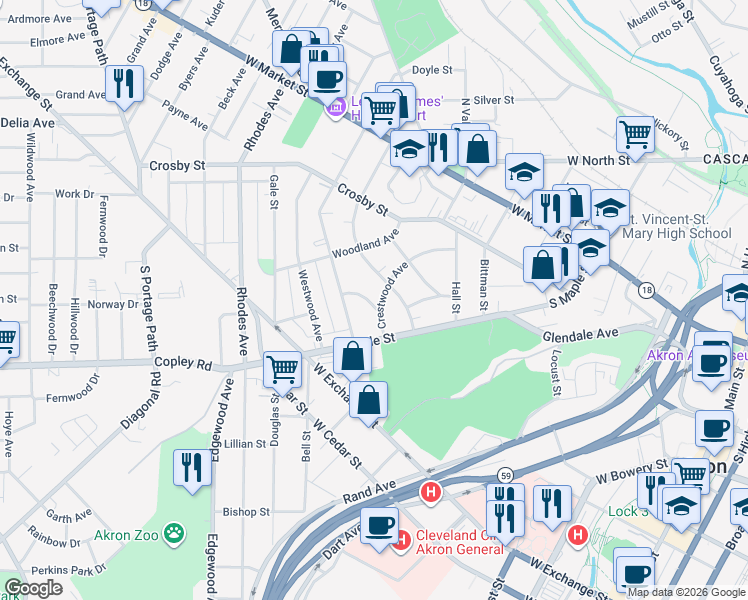 map of restaurants, bars, coffee shops, grocery stores, and more near 428 Crestwood Avenue in Akron