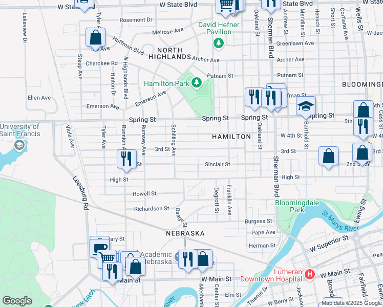 map of restaurants, bars, coffee shops, grocery stores, and more near 1421 3rd Street in Fort Wayne