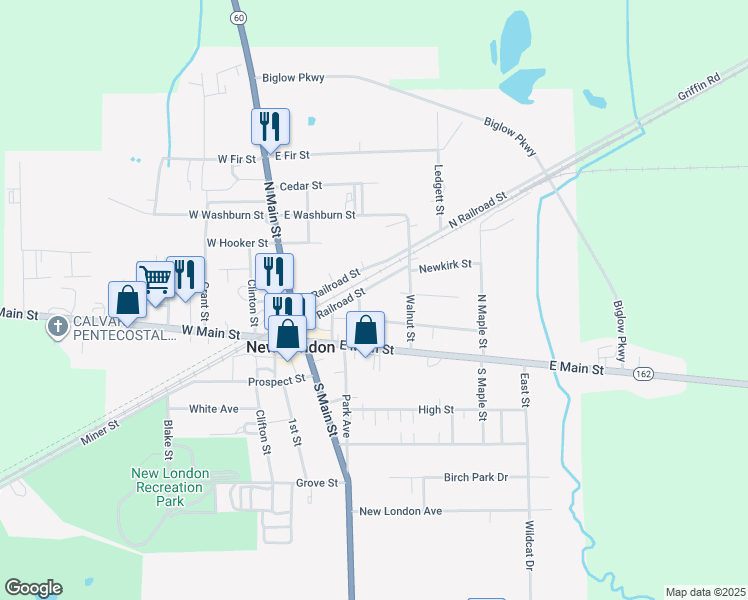 map of restaurants, bars, coffee shops, grocery stores, and more near 2 North Railroad Street in New London