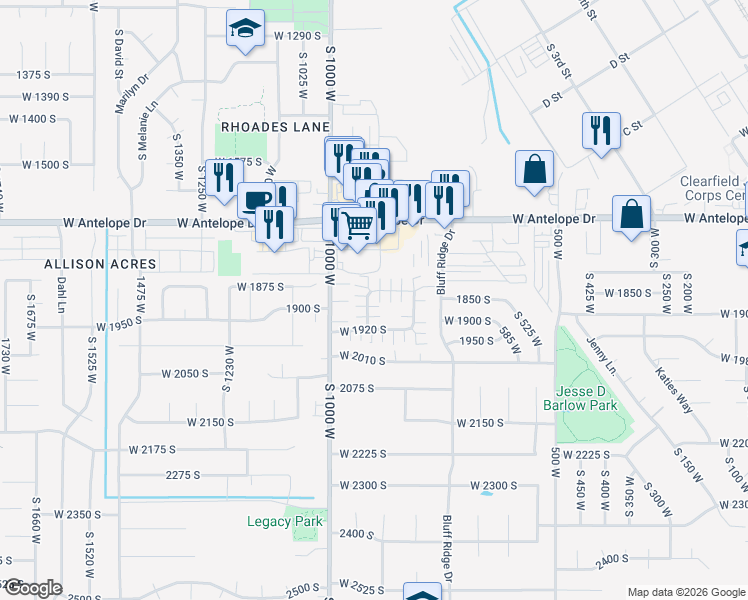 map of restaurants, bars, coffee shops, grocery stores, and more near 907 West 1840 South in Syracuse