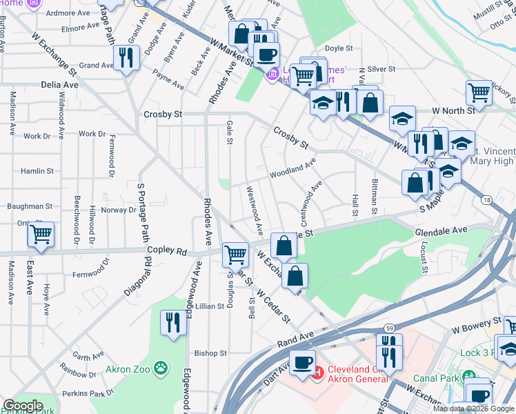 map of restaurants, bars, coffee shops, grocery stores, and more near 235 Westwood Avenue in Akron