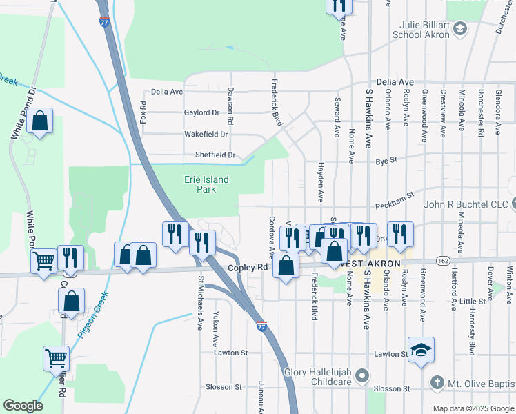 map of restaurants, bars, coffee shops, grocery stores, and more near 1532 Peckham Street in Akron