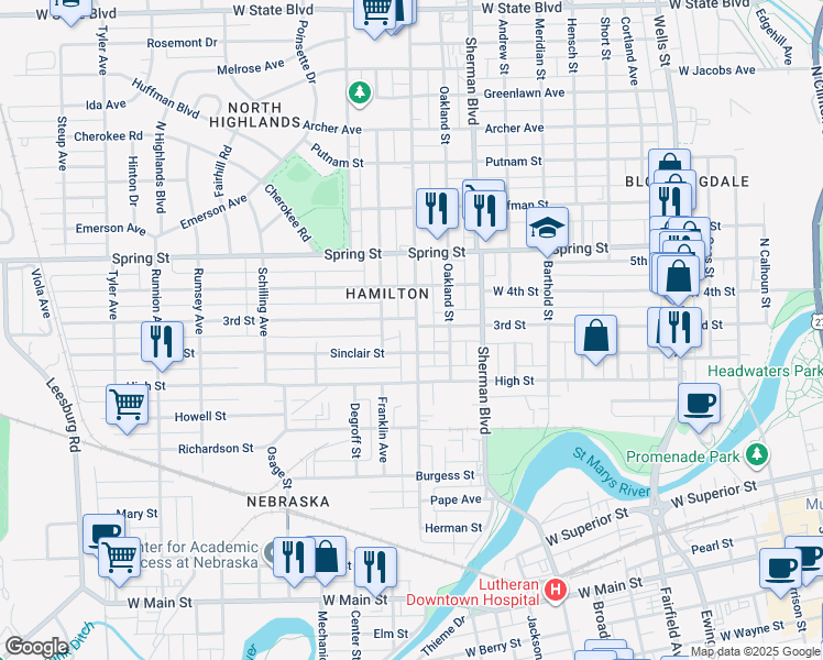 map of restaurants, bars, coffee shops, grocery stores, and more near 1323 Saint Marys Avenue in Fort Wayne