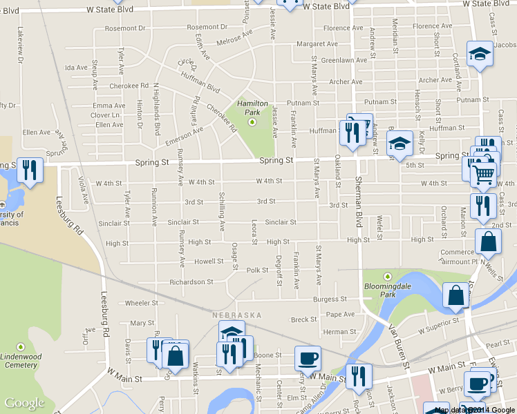 map of restaurants, bars, coffee shops, grocery stores, and more near 1329 3rd St in Fort Wayne