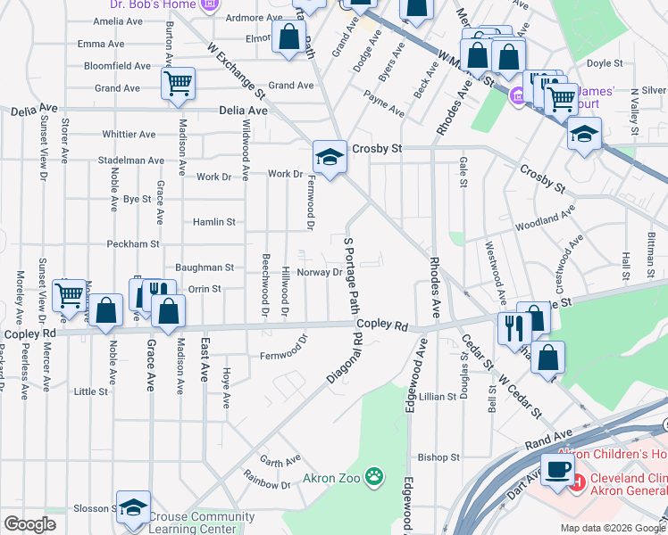 map of restaurants, bars, coffee shops, grocery stores, and more near 415 Briarwood Drive in Akron