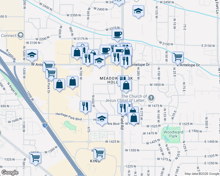 map of restaurants, bars, coffee shops, grocery stores, and more near 1856 Nalder Street in Layton