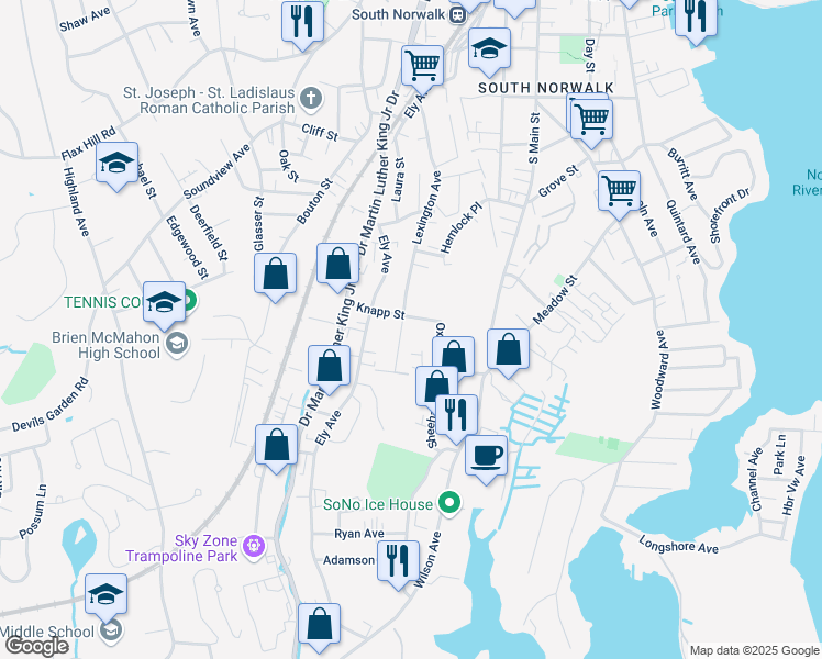 map of restaurants, bars, coffee shops, grocery stores, and more near 24 1/2 Knapp Street in Norwalk
