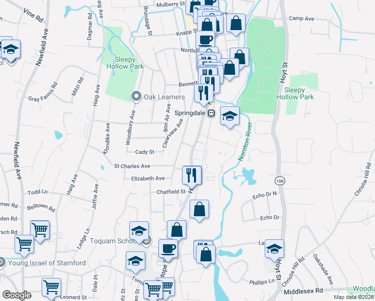 map of restaurants, bars, coffee shops, grocery stores, and more near 800 Hope Street in Stamford