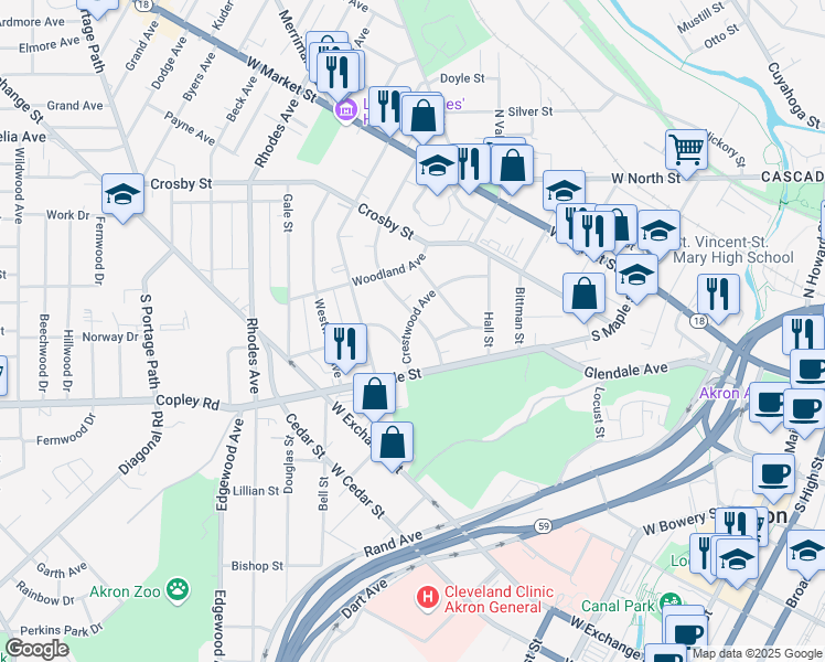 map of restaurants, bars, coffee shops, grocery stores, and more near 428 Crestwood Avenue in Akron