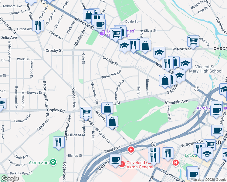 map of restaurants, bars, coffee shops, grocery stores, and more near 428 Crestwood Avenue in Akron