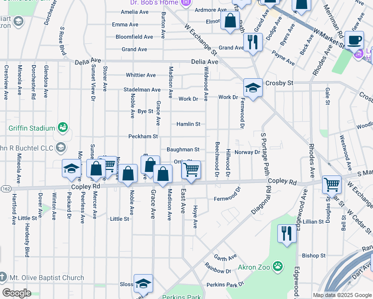 map of restaurants, bars, coffee shops, grocery stores, and more near 900 Baughman Street in Akron