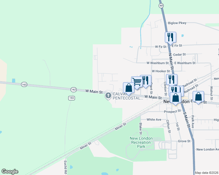 map of restaurants, bars, coffee shops, grocery stores, and more near 204 West Main Street in New London