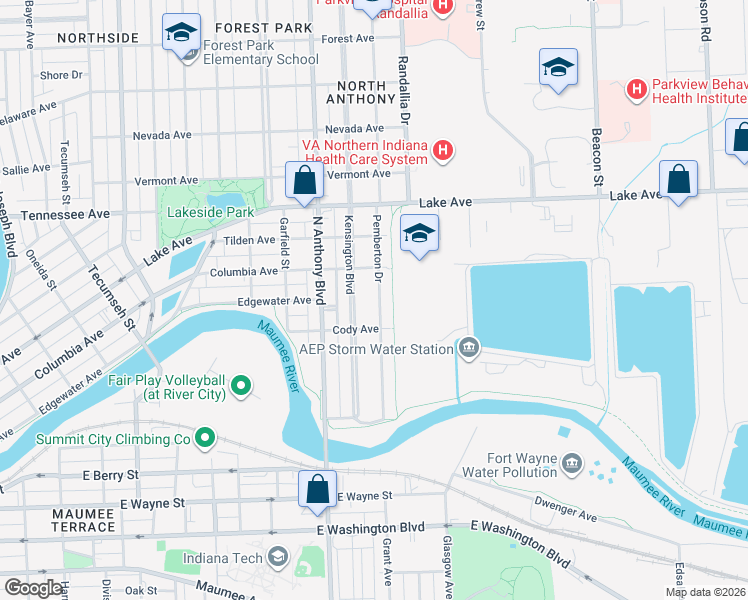 map of restaurants, bars, coffee shops, grocery stores, and more near 1126 Kensington Boulevard in Fort Wayne