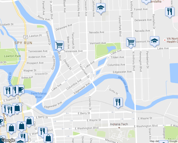map of restaurants, bars, coffee shops, grocery stores, and more near 1014 Tecumseh Street in Fort Wayne