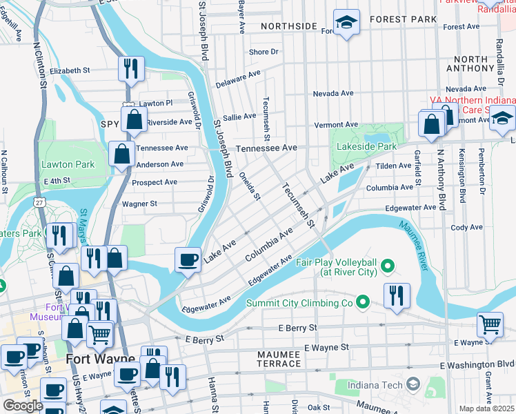 map of restaurants, bars, coffee shops, grocery stores, and more near 1125 Oneida Street in Fort Wayne