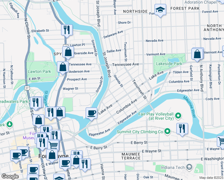 map of restaurants, bars, coffee shops, grocery stores, and more near 1001 Rivermet Avenue in Fort Wayne
