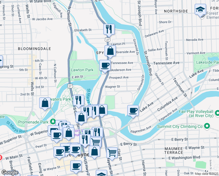 map of restaurants, bars, coffee shops, grocery stores, and more near 534 Wagner Street in Fort Wayne