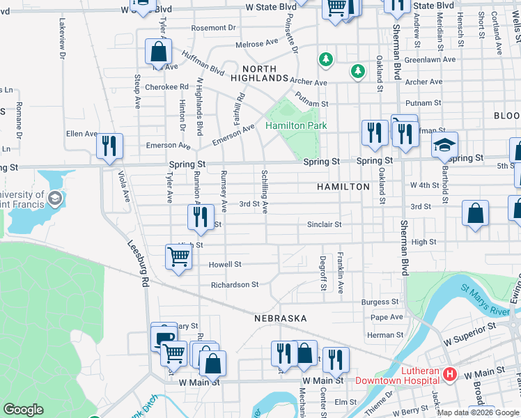 map of restaurants, bars, coffee shops, grocery stores, and more near 1619 3rd Street in Fort Wayne
